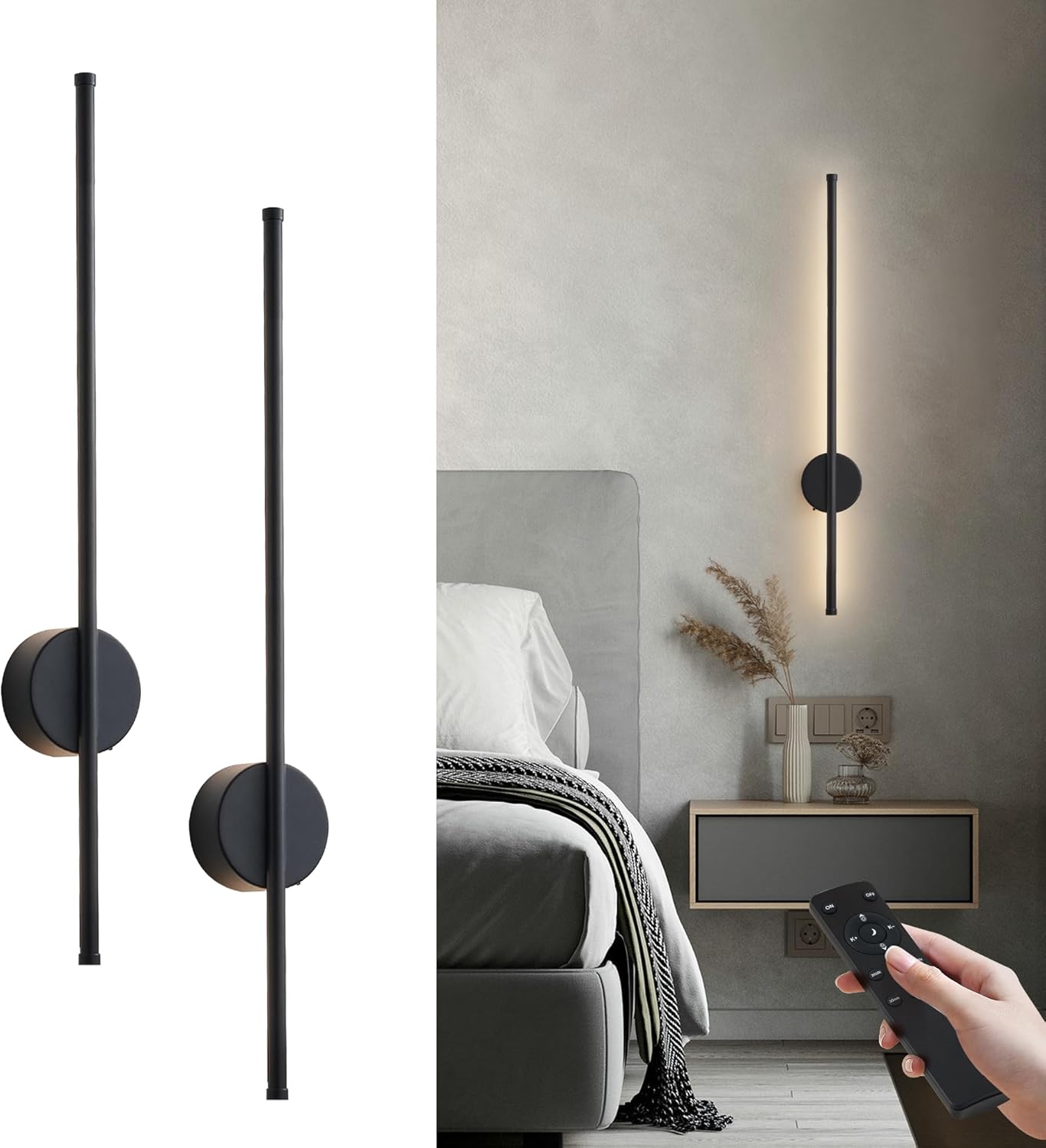 Battery Operated Modern Wall Sconces, Dimmable Wireless Wall Light Set of Two with Remote Control, 3 Color Temperatures, Rechargeable LED Wall Sconce for Bedroom, Living Room, Hallway, 23.6 Inch Brass