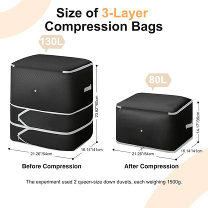Comforter Storage Bag - 130L Large Capacity Blanket Storage Bags 4-Layer Ultra Space Saving Self Compression Organizer, Washable Compression Bags for Storage Comforter Blanket, 2-Pack, Beige