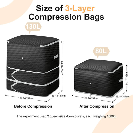 Comforter Storage Bag - 130L Large Capacity Blanket Storage Bags 4-Layer Ultra Space Saving Self Compression Organizer, Washable Compression Bags for Storage Comforter Blanket, 2-Pack, Beige