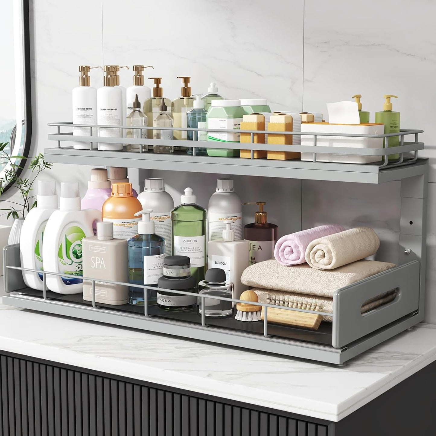 Under Sink Organizer Upgrade To Professional Rails,2-Tier Dual Pull Out Cabinet Storage,Height Adjustable Slide Out Drawers For Bathroom Kitchen,2 Pack-14.5" Dx12.8-16.9" H,White