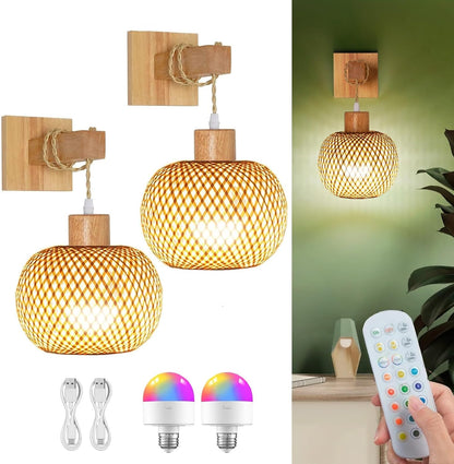 Battery Operated Wall Sconce with Remote Set of 2, Rechargeable Rattan Wall Sconces with 8000mAh Bulbs, Woven Bamboo Wall Light/Lamp Boho Wall Sconce for Bedroom (Black)