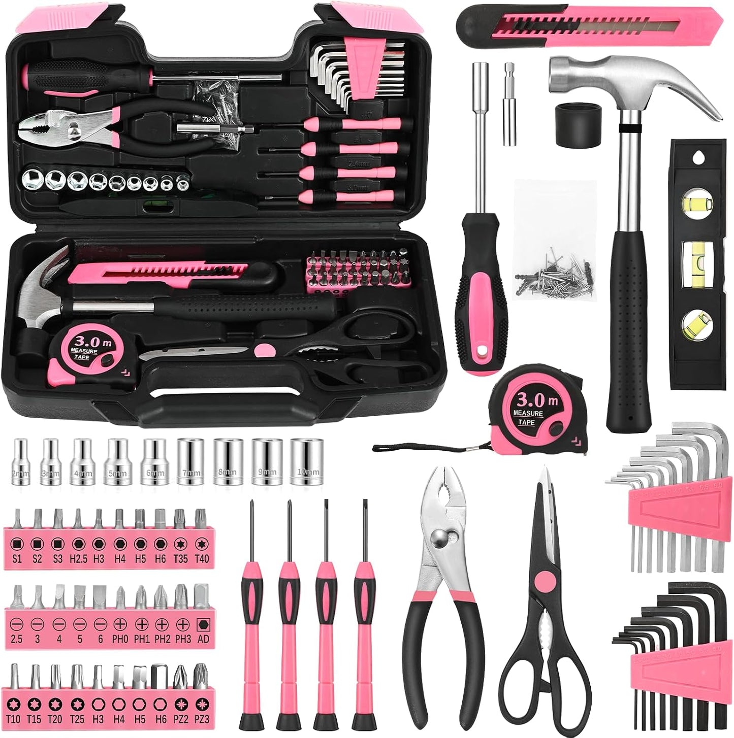 144-Piece General Household Hand Tool Kit with Plastic Toolbox Pink | Basic General Hand Tool Kit, Household Tool Set, for Home Repair, Office & College Dormitory Use, Daily Use for Women