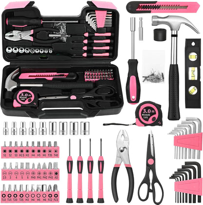 144-Piece General Household Hand Tool Kit with Plastic Toolbox Pink | Basic General Hand Tool Kit, Household Tool Set, for Home Repair, Office & College Dormitory Use, Daily Use for Women