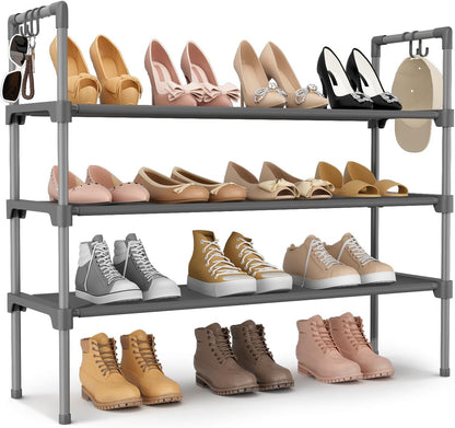 LANTEFUL 3 Tier Shoe Rack for Closet, Shoe Organizer with 5 Hooks, Long Shoe Shelf Storage for Sneaker and Boot Stackable Free Standing Shoe Rack for Entryway, Garage, Small Spaces, Dorm