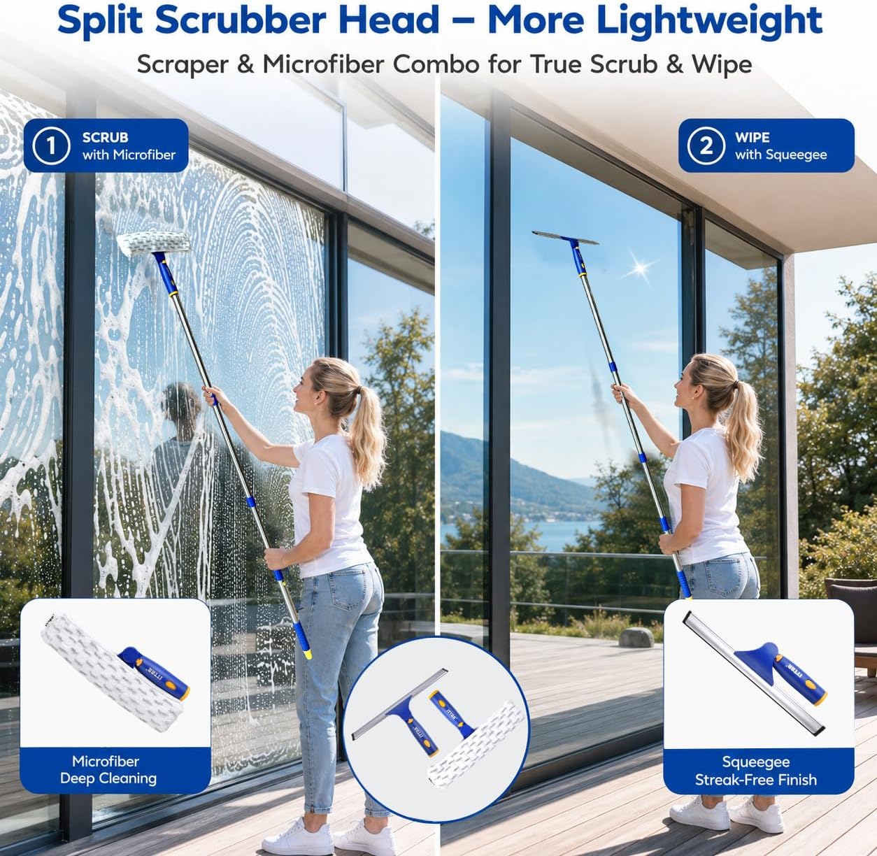 ITTAR Window Squeegee Cleaning Kit with 60" Extension Pole, Rotatable Glass Cleaner Tool 12" Rubber Blade & 2 Microfiber Pads, Window Washing Equipment for High Windows, Shower Doors, Car Windshield