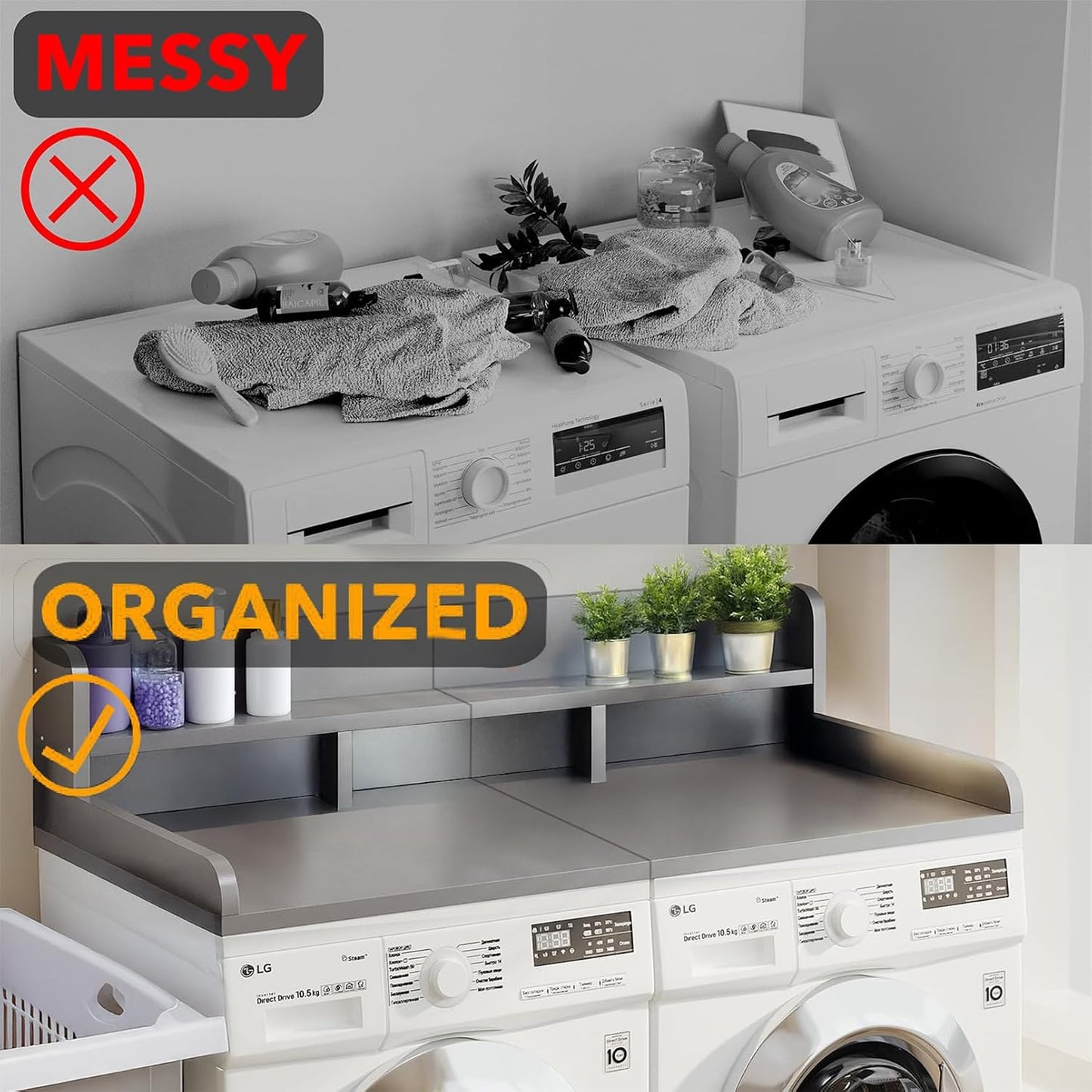 54" 2 Tier Washer Dryer Countertop with Storage Shelf, Waterproof MDF Laundry Room Organizer, Folding Station, Mechanically Joined Two-Panel Countertop (Walnut Brown)