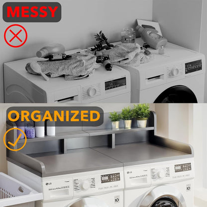 54" 2 Tier Washer Dryer Countertop with Storage Shelf, Waterproof MDF Laundry Room Organizer, Folding Station, Mechanically Joined Two-Panel Countertop (Walnut Brown)
