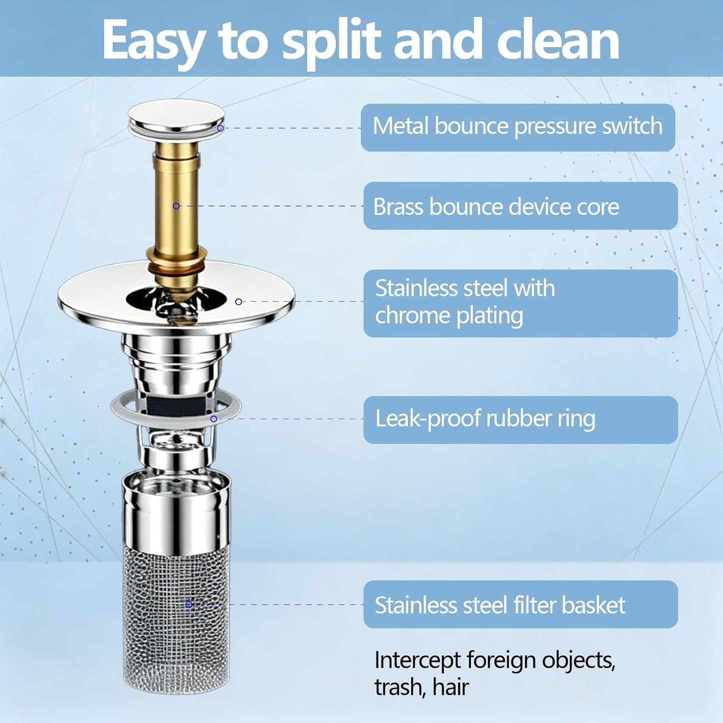 2PCS Bathroom Sink Drain Strainer, Pop-up Stopper Hair Catcher with Stainless Steel Filter Basket, Universal Replacement Drain Plug for Bathroom Sinks
