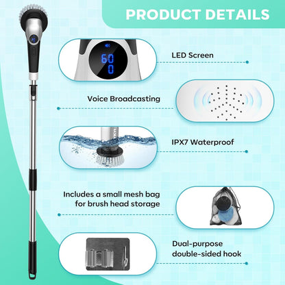 YKYI Cordless Electric Spin Scrubber, Power Cleaning Brush with 8 Replaceable Heads & Extension Handle for Bathroom, Tub, Tile, Floor, Car