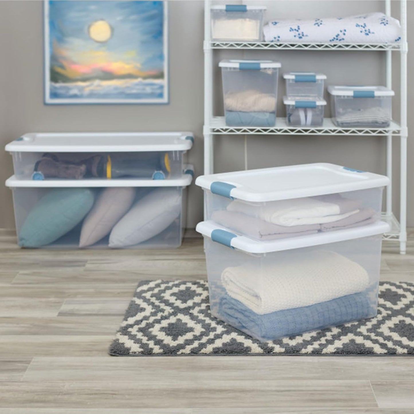 Sterilite 4-Pack 56 Quart Wheeled Latching Box, Underbed Clear Plastic Storage Organizer - Under Bed Rolling Container Bin with Lid and Wheels for Home or Dorm Bedrooms and Closets