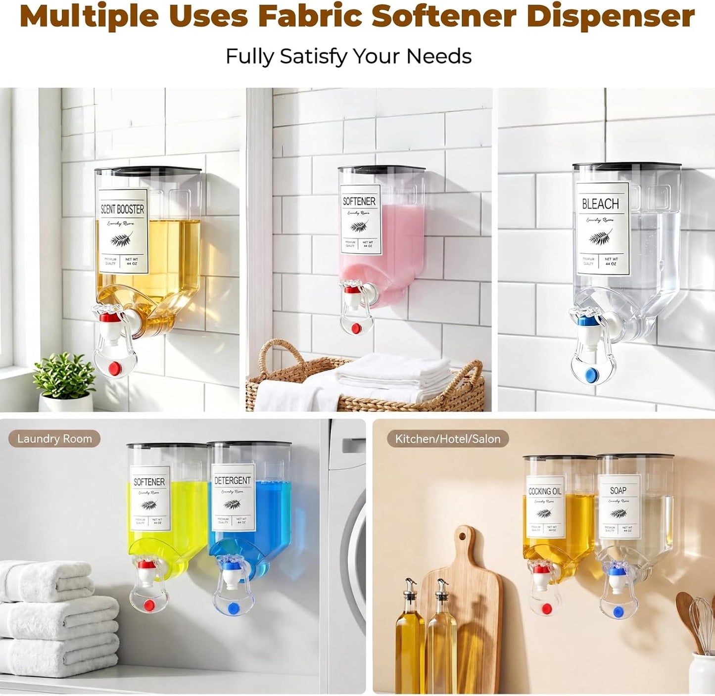 2 Pack Laundry Soap Dispenser,Wall Mounted Detergent Dispenser, Fabric Softener Dispenser, Liquid Dispenser with Spigot for Laundry Room Organization and Storage with 4 Labels Measuring Cups