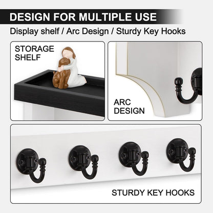 Key and Mail Holder Wall Mount, Key Holder with Shelf and Mail Organizer Wall Mount. Mail Holder with 5 Hooks for Coat, Dog Leash, Home Decor Rack, Entry Way Organizer (White)