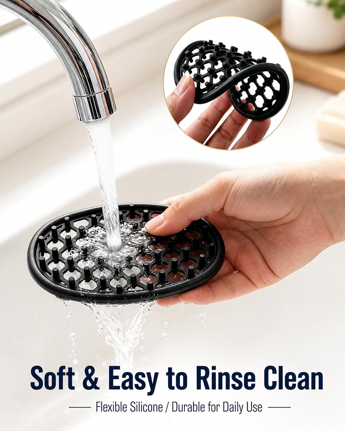 OTHIX 3 Pack Silicone Soap Dish for Shower, Self Draining Bar Soap Holder with Hollow Drainage Design, Non Slip Soap Saver Tray for Bathroom Sink, Kitchen Counter, Bathtub, Shower Shelf (Black)