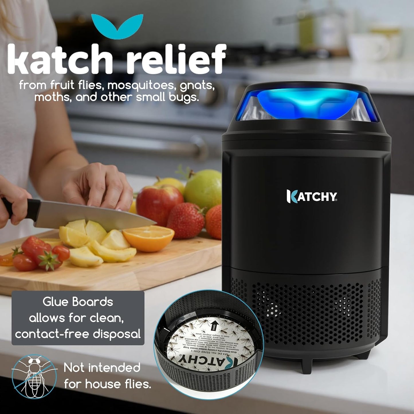 Katchy Flying Insect Trap Indoor – Catcher & Killer for Mosquito, Fruit Fly, Gnat & Small Moth – Non-Zapper with Suction & Blue Light – Ideal for Indoor Spaces, Kitchen & Plants (Original, Black)