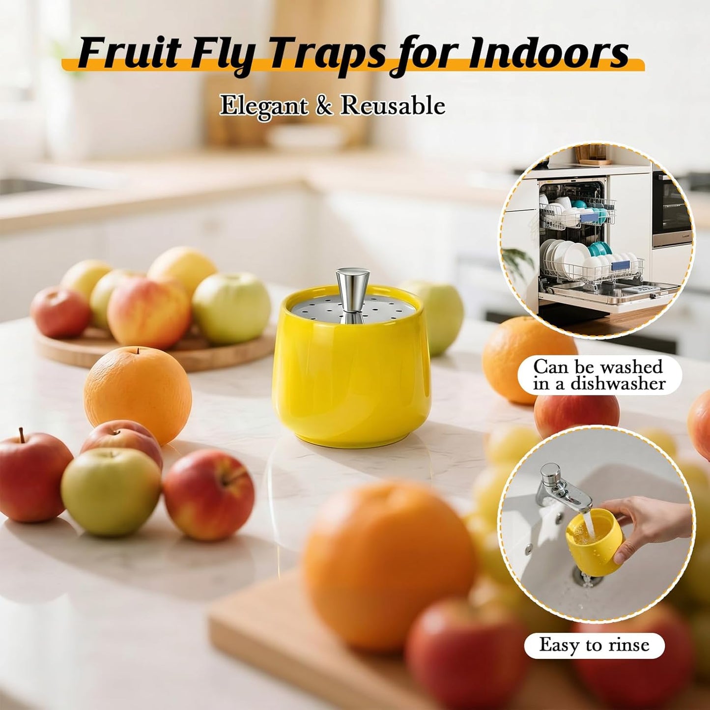 Ceramic Fruit Fly Trap for Indoors, Reusable Kitchen Fly Catcher with Stainless Steel Vent Lid, Uses Safe & Natural Vinegar Bait Trap, Dishwasher Safe, Easy to Use (White,1 Pack)