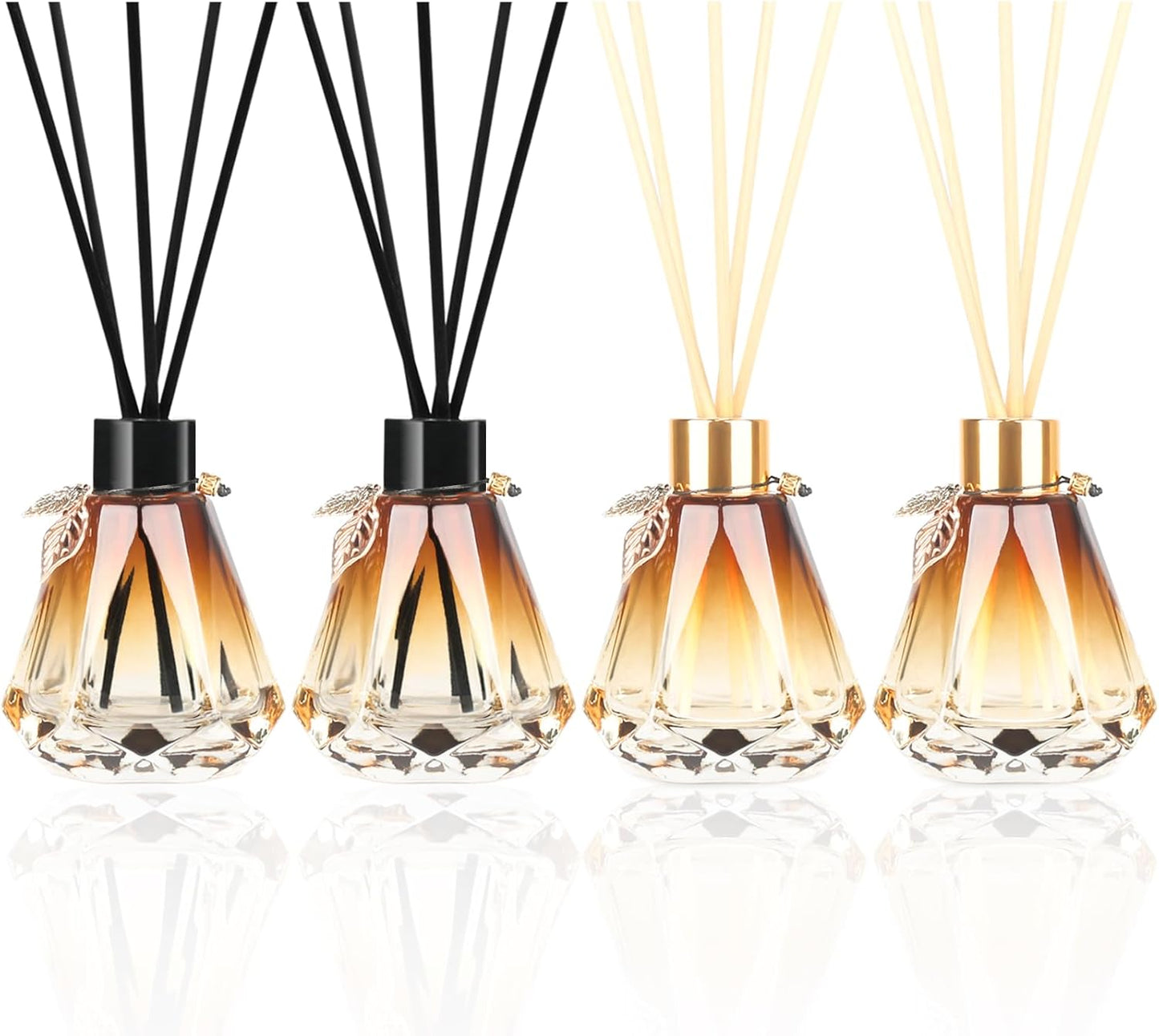 Reed Diffuser Set - 4 Empty Bottles with 20 Sticks, Delicate Gold Leaf Decor, Glass Fragrance Diffuser with Lids for Home, Bathroom | Refillable, Diamond Style (4 PCS Black)