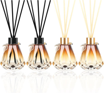 Reed Diffuser Set - 4 Empty Bottles with 20 Sticks, Delicate Gold Leaf Decor, Glass Fragrance Diffuser with Lids for Home, Bathroom | Refillable, Diamond Style (4 PCS Black)