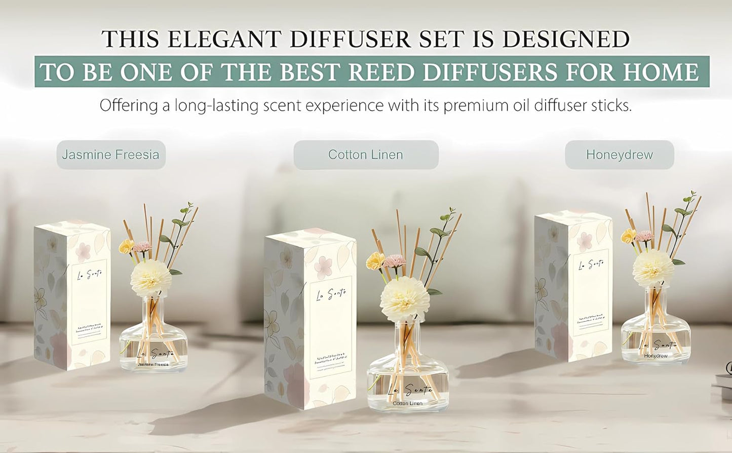 Reed Diffuser Set 8.5 fl oz / 250 ml Glass Bottle with Decorative Flower & Natural Reeds Flameless Home Fragrance for Bathroom Bedroom Office Honeydew Scent
