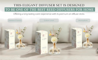 Reed Diffuser Set 8.5 fl oz / 250 ml Glass Bottle with Decorative Flower & Natural Reeds Flameless Home Fragrance for Bathroom Bedroom Office Honeydew Scent