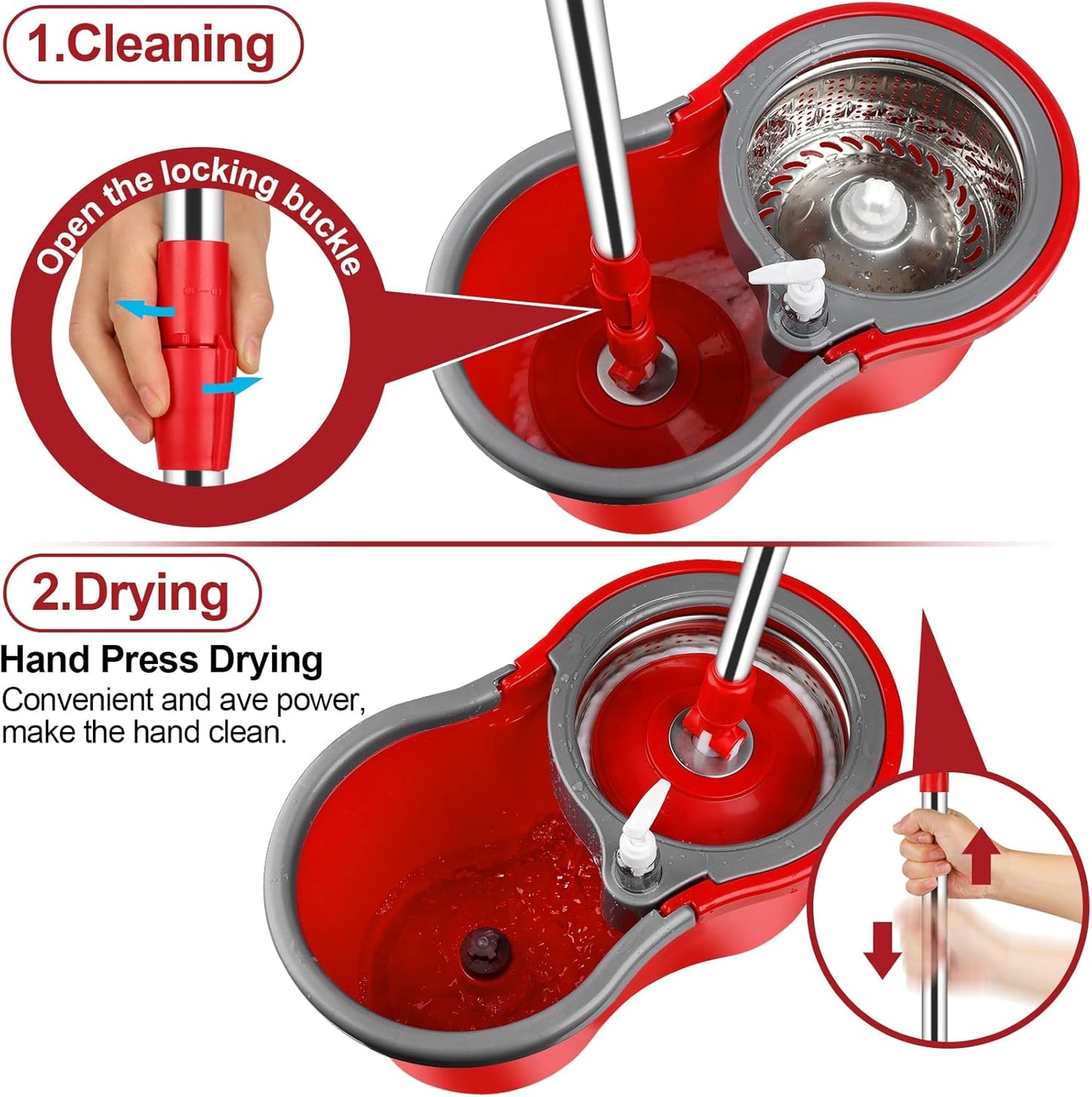 Spin Mop and Bucket with Wringer Set, 360° Spinning Mop Bucket System with 3 Microfiber Mop Replacement Heads and 50" Stainless Steel Adjustable Handle for Floor Cleaning
