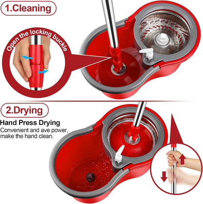 Spin Mop and Bucket with Wringer Set, 360° Spinning Mop Bucket System with 3 Microfiber Mop Replacement Heads and 50" Stainless Steel Adjustable Handle for Floor Cleaning