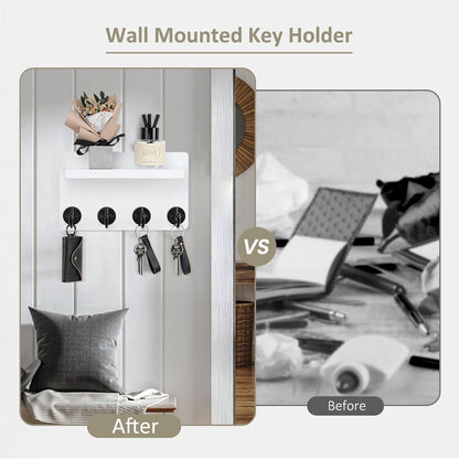 Nekon Key Holder Wall Mount, 8.5 Inch Small Home Decor Wooden Wall Organizer with 4 Hooks and Shelf, Wall Decor for Living Room Entryway Kitchen (Brown)