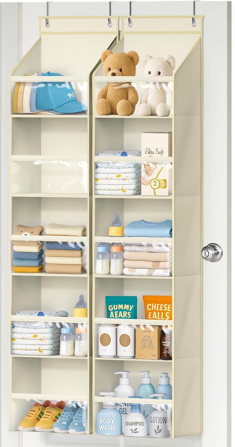 AOODA 2 Pack Over the Door Organizer, Large Capacity Closet Door Hanging Organizer, Clear Deep Pockets Baby Organizer Storage for Nursery, Bathroom, Bedroom, Pantry, Diapers (Grey)