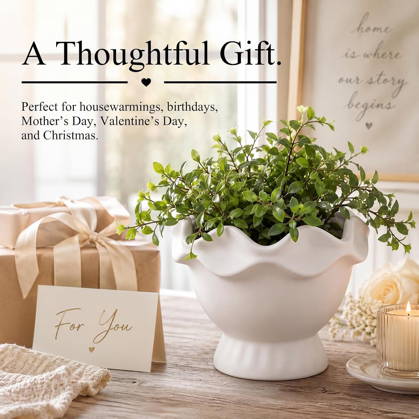 3 Pack White Ceramic Vase Set Small Rustic Decorative Vases Home Decor Wavy Edge Modern Flower Vases for Farmhouse Table Centerpiece Living Room Kitchen Bedroom (5.7,6.7,7.9in,Elegant)