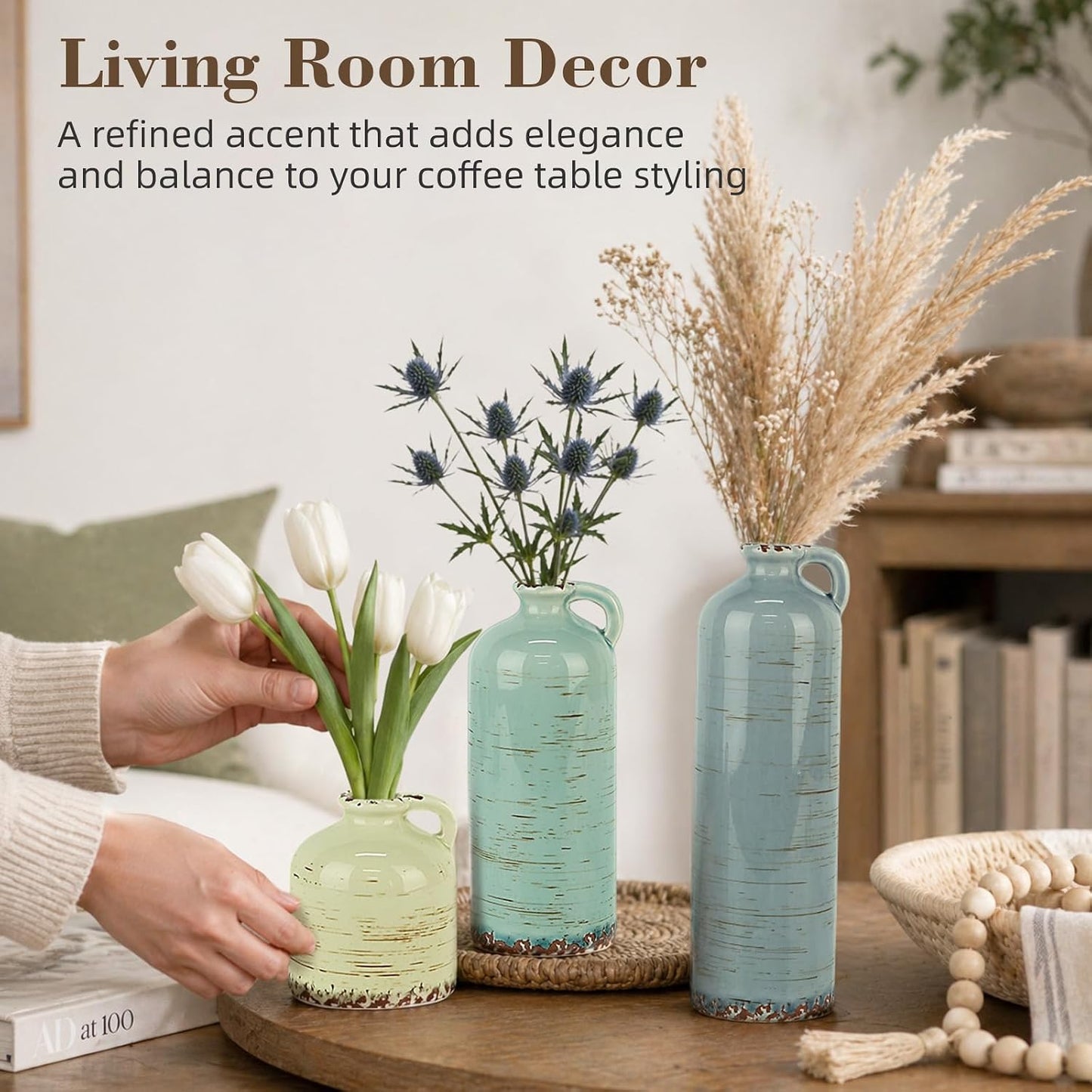 TBWIND Ceramic Vases Set of 3, Neutral Pottery Rustic Farmhouse Flower Vase | Small Decorative Flower Vases Modern Home Decor for Table Mantel Entryway Bookshelf Living Room Kitchen Bedroom