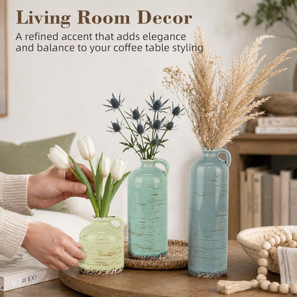 TBWIND Ceramic Vases Set of 3, Neutral Pottery Rustic Farmhouse Flower Vase | Small Decorative Flower Vases Modern Home Decor for Table Mantel Entryway Bookshelf Living Room Kitchen Bedroom
