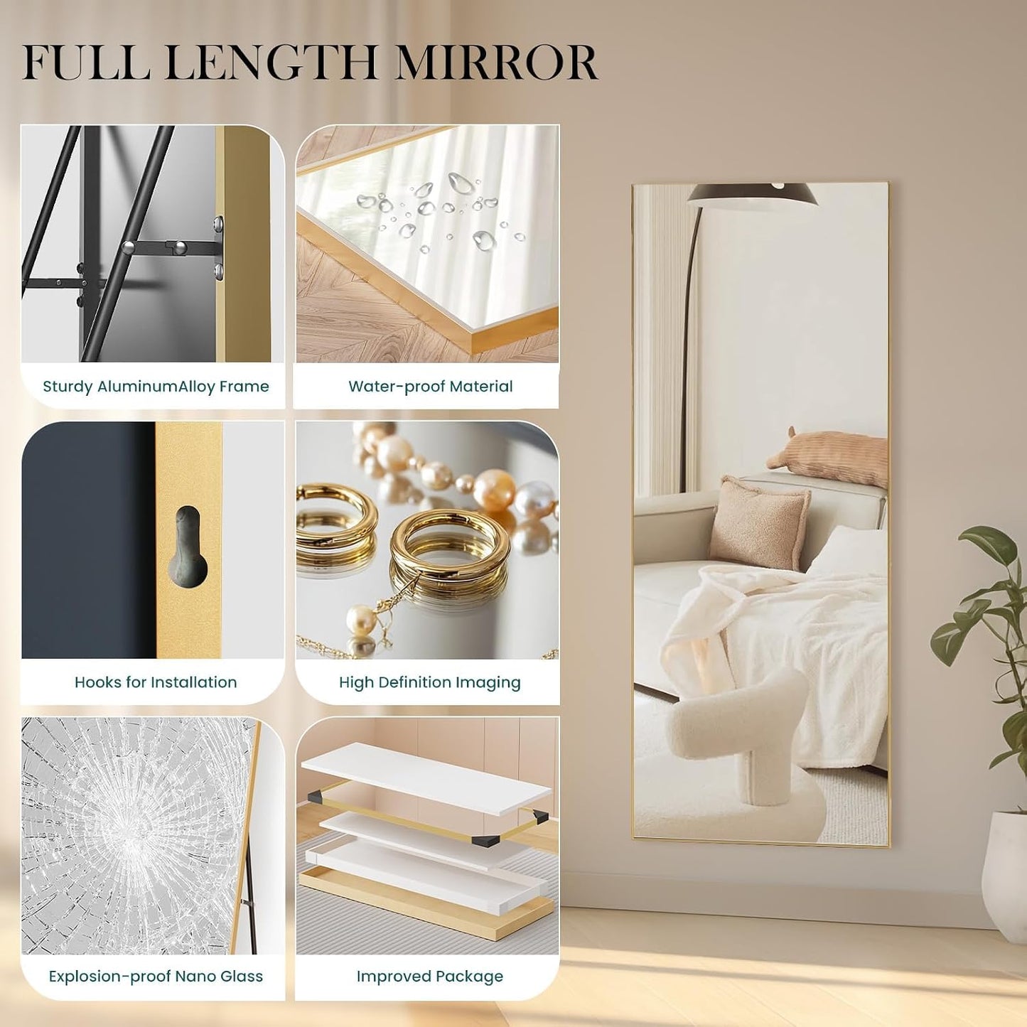 DUMOS 64"x21" Full Length Mirror, Full Body Mirror, Black | Aluminum Alloy Thin Frame, Leaning or Hanging, Suitable for Bedroom, Livingroom, Cloakroom