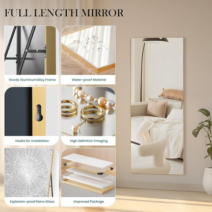 DUMOS 64"x21" Full Length Mirror, Full Body Mirror, Black | Aluminum Alloy Thin Frame, Leaning or Hanging, Suitable for Bedroom, Livingroom, Cloakroom