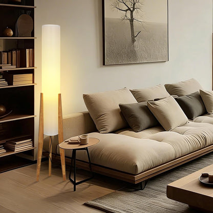 Wabi-sabi 50" Wooden Tripod Floor Lamp Linen Floor Lamp Paper Lantern Inspired Fabric Standing Lamp With E26 3-Color Temperatures Solid Wood Tall Light For Living Room Bedroom (Includes Bulb)