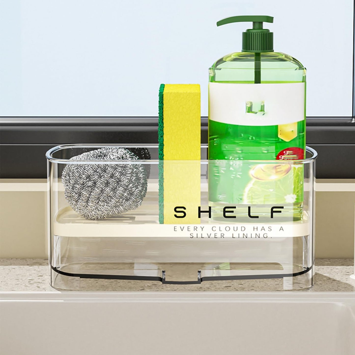 Sponge Holder for Kitchen Sink, Clear Acrylic Sink Organizer with Auto-Draining Tray, Countertop Sink Caddy for Sponges, Soap, Brush & Cleaning Tools