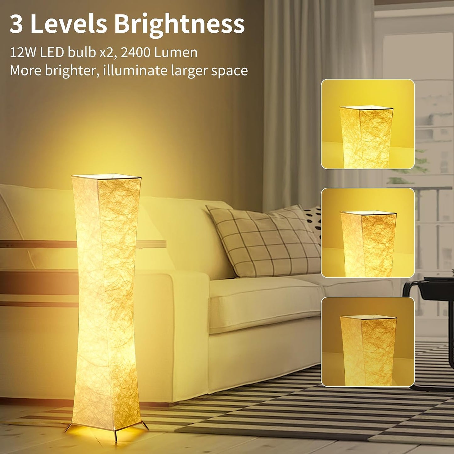 chiphy Floor Lamp, Dimmable 61" Tall Standing Lamp, 3 Levels Adjustable Brightness 12Wx2 LED Bulbs, Column Floor Light w/White Fabric Shade, Home Decor for Living Room, Bedroom, Kids Room