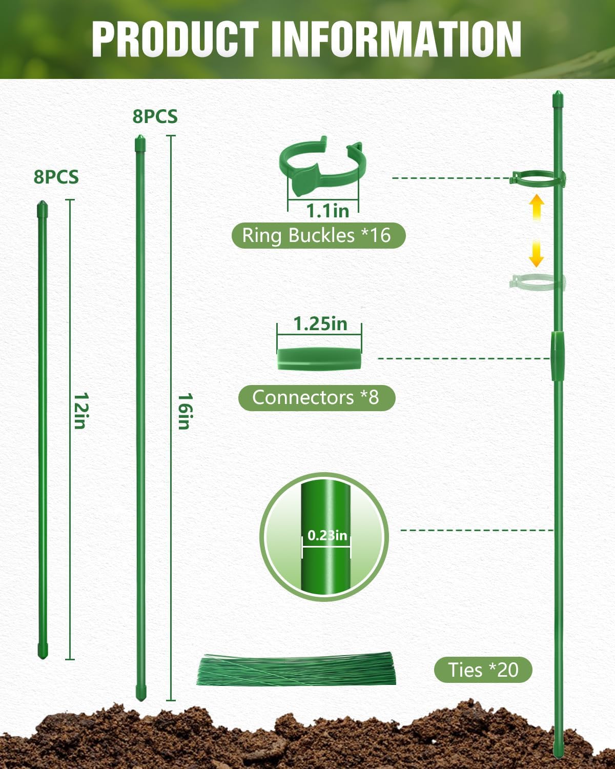 20 Pack 16 Inch Plant Support Stakes for Indoor & Garden | Sturdy plastic, Lightweight, Adjustable height, Easy install, Supports tomatoes, Beans, Orchids, Vegetables