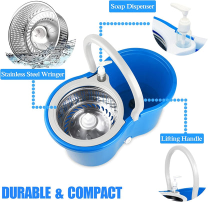 Spin Mop and Bucket with Wringer Set, 360° Spinning Mop Bucket System with 3 Microfiber Mop Replacement Heads and 61" Stainless Steel Adjustable Handle for Floor Cleaning