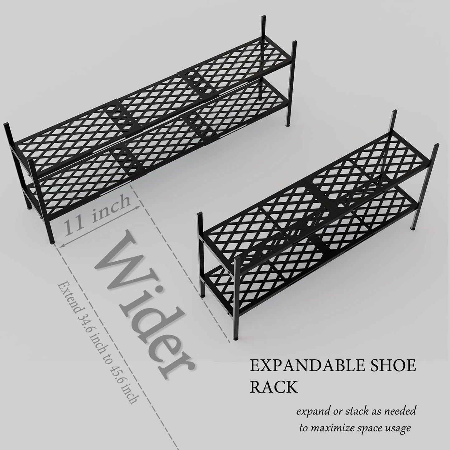Shoe Rack, 45.6" Expandable Shoes Storage Metal Shoe Shelf Stand 2-Tier Stackable Boot Organizer for Closet, Entryway, Garage, Bedroom, Door Entrance, Black
