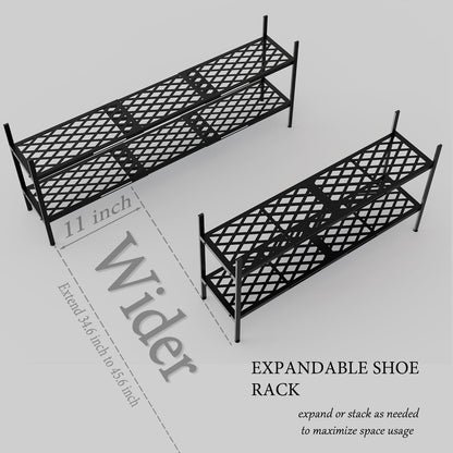 Shoe Rack, 45.6" Expandable Shoes Storage Metal Shoe Shelf Stand 2-Tier Stackable Boot Organizer for Closet, Entryway, Garage, Bedroom, Door Entrance, Black