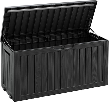 Fancyango 75 Gallon Outdoor Deck Box Waterproof, Large Storage Box for Patio, Resin Storage Bench Lockable for Garden Tools, Package Delivery, Black