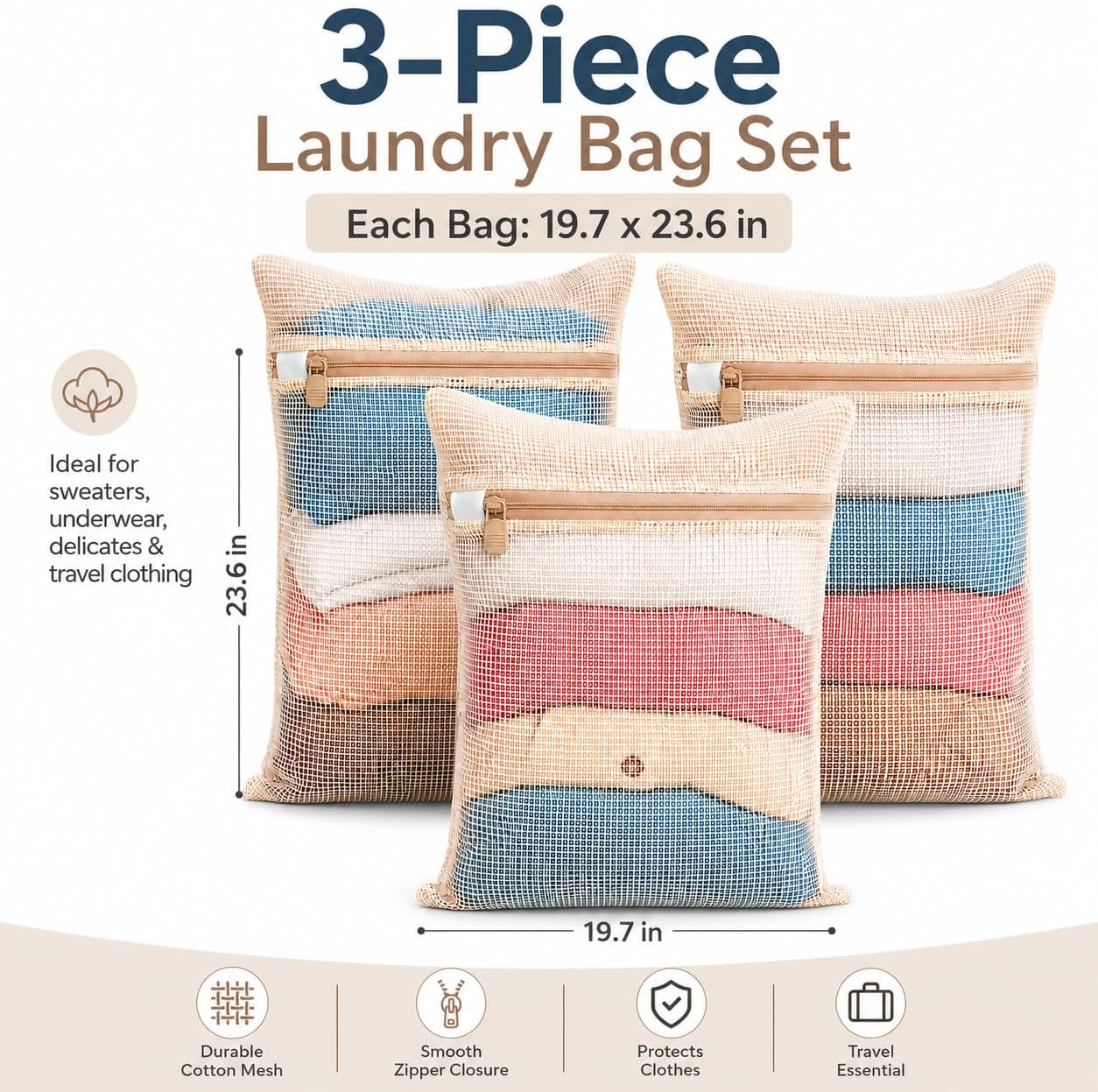 3-piece set extra-large 20×23.6 inch durable organic cotton mesh laundry bags, with sturdy zippers and breathable mesh, perfect for delicate items like underwear, clothes, pants, and socks.