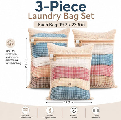 3-piece set extra-large 20×23.6 inch durable organic cotton mesh laundry bags, with sturdy zippers and breathable mesh, perfect for delicate items like underwear, clothes, pants, and socks.