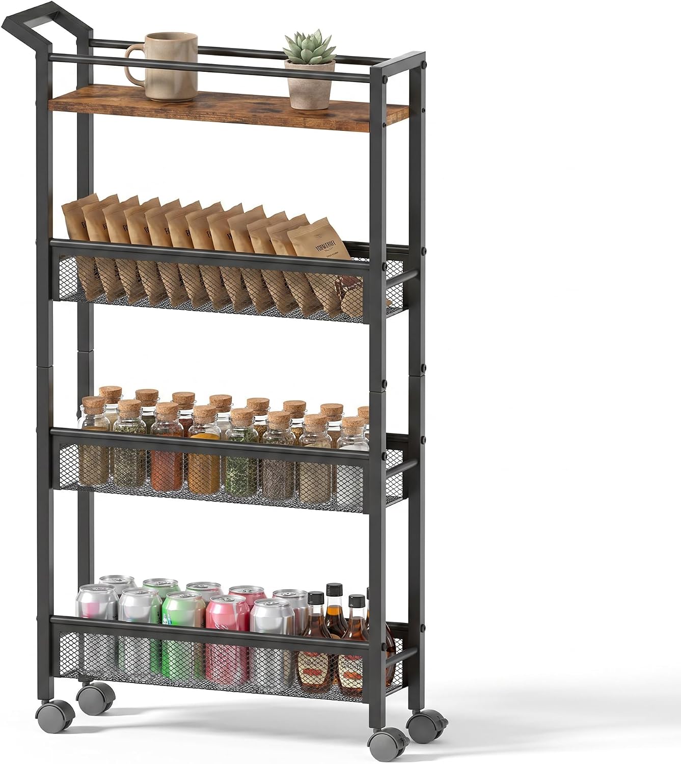 4 Tier Slim Rolling Storage Cart, 5.1 Inch Wide Narrow Storage Cart with Handle, Iron Wood Utility Slide Out Pantry Shelf Organizer for Laundry Room, Bathroom, Kitchen, Small Spaces,White