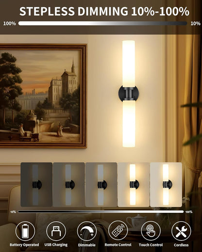 Battery Operated Wall Sconce Set of 2, 10000mAh Rechargeable Wireless Wall Lights Remote Control, Cordless Timer Dimmable Glass Wall Lamps for Living Room Bedside Entryway Emergency Gold 16.5 Inch