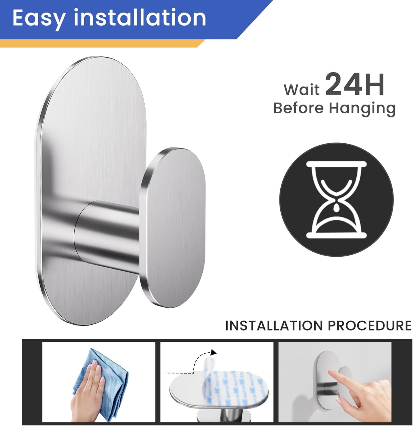 Aikzik Black Adhesive Hooks Heavy Duty-Max 26lb, Wall Hooks for Shower, Bathroom, Towel, Coat, Robe, Stainless Steel Hooks for Hanging, Sticky Hooks for Walls No Damage- 4 Pack