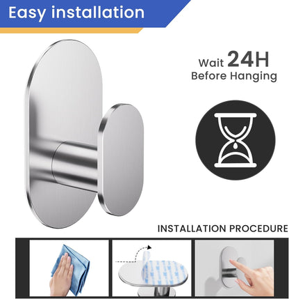 Aikzik Black Adhesive Hooks Heavy Duty-Max 26lb, Wall Hooks for Shower, Bathroom, Towel, Coat, Robe, Stainless Steel Hooks for Hanging, Sticky Hooks for Walls No Damage- 4 Pack