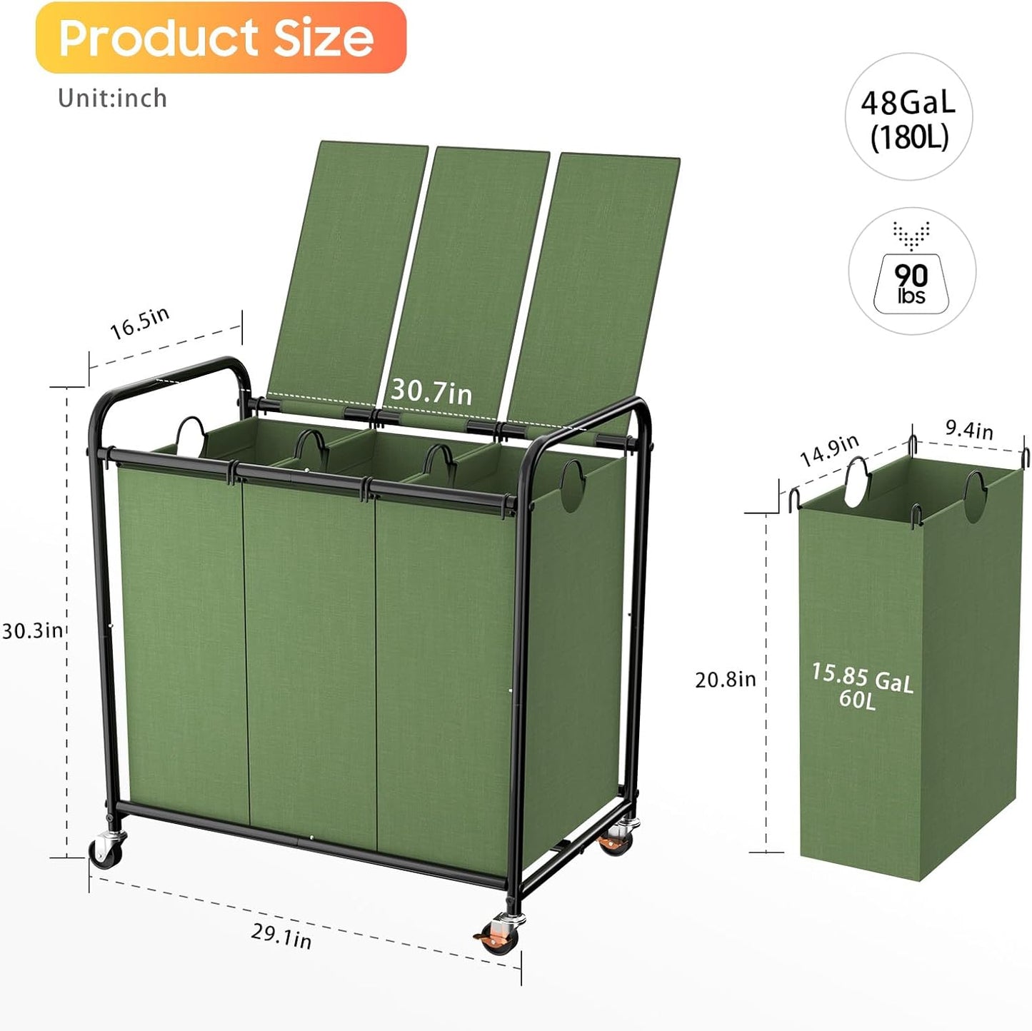 180L (47.55 Gal) Laundry Sorter 3 Section, Rolling Laundry Basket with Lockable Wheels and Lid, Laundry Hamper with 3 Separated Removable Bags Dirty Clothes Hamper for Laundry Room Organizer, Black