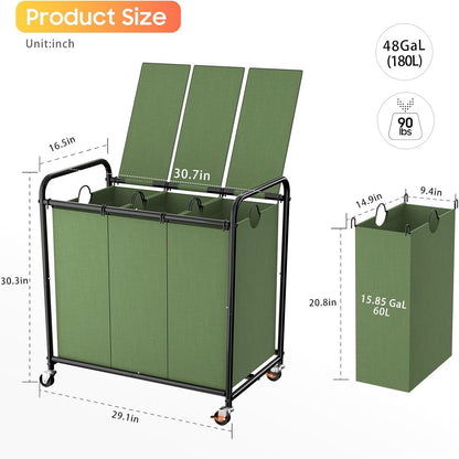 180L (47.55 Gal) Laundry Sorter 3 Section, Rolling Laundry Basket with Lockable Wheels and Lid, Laundry Hamper with 3 Separated Removable Bags Dirty Clothes Hamper for Laundry Room Organizer, Black