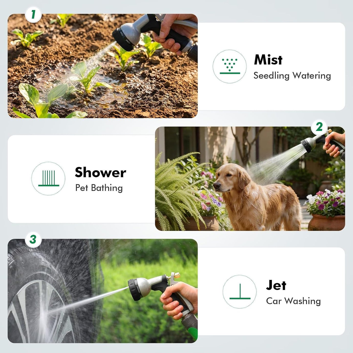RESTMO Garden Hose Nozzle Heavy Duty, Leak-proof Water Hose Sprayer | 7 Adjustable Spray Patterns, Durable Metal, Flow Control, Ideal for Plants & Lawns Watering, Cars & Pets Washing, Green