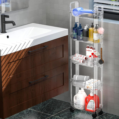 Yieach 3 Tier Rolling Cart with Wheels,Clear Narrow Bathroom Rack Organizer,Slim Storage Cart,Three Tier Thin Shelf and Narrow Rolling Utility Cart for Small Space Shelf,Dorm Room,Kitchen,Laundry